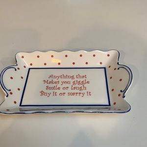 Dish. Candy or jewelry dish.  White with red lettering and blue accent